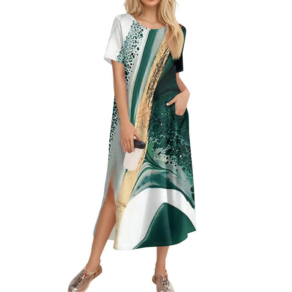 Dámské módní letní barevné bloky s patchworkovým potiskem, ležérní plážové šaty, štíhlé sváteční šaty