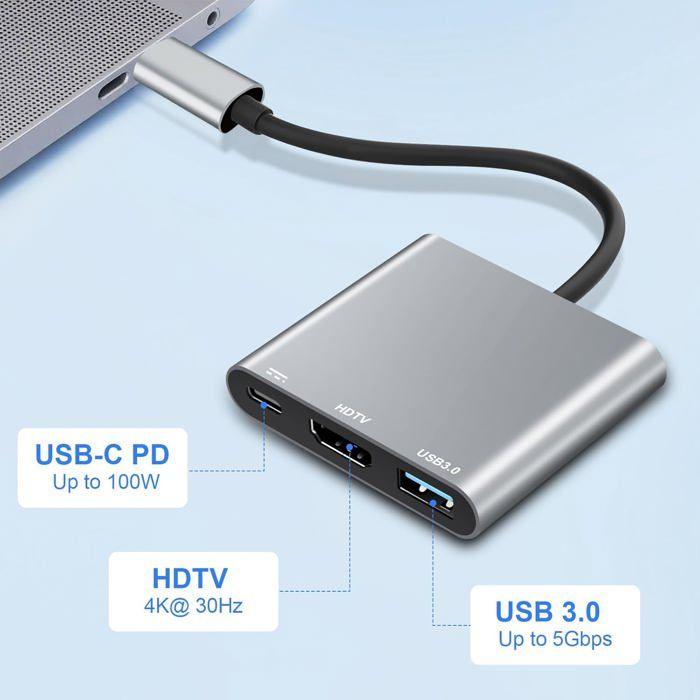 Adaptateur USB-C HDMI - REM - Hub 3-en-1 - HDMI 4K@30Hz - USB 3.0 5Gbps - Charge PD 100W