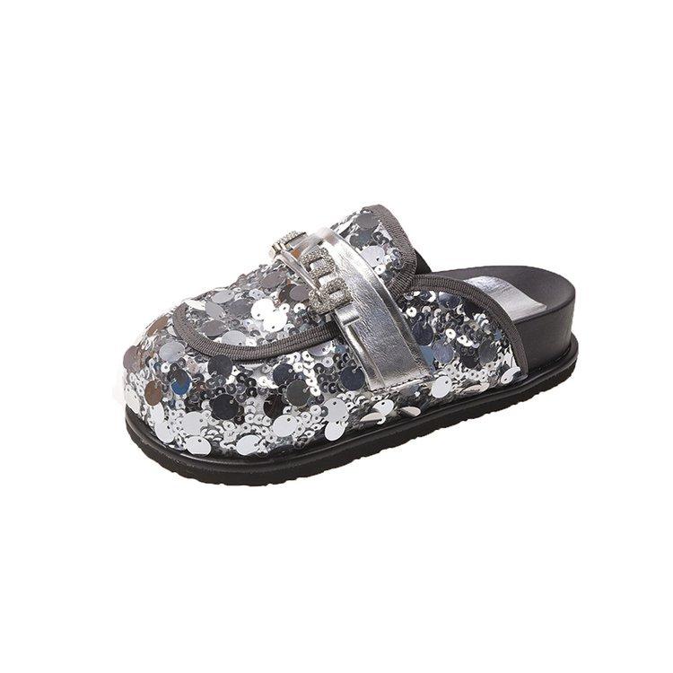 Doll Head Sequined Bag Head Half Slippers Women's 2025 Spring New Versatile Rhinestone Platform Lazy Shoes Cool Slippers Tide