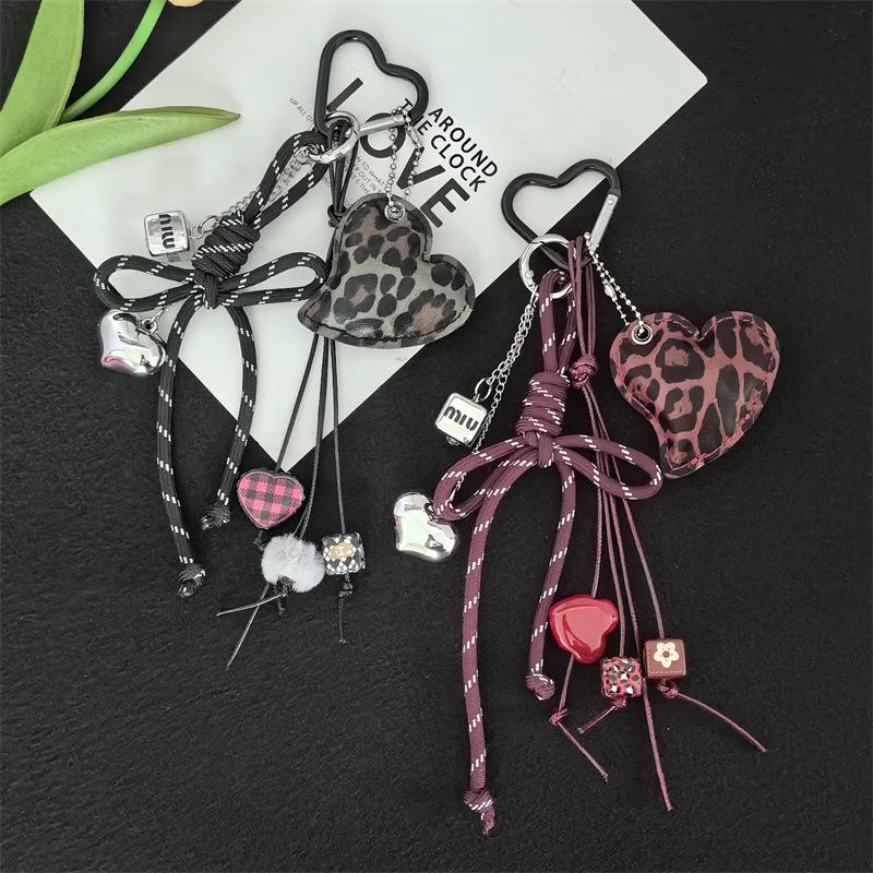 Leopard Print Heart Leather Bow Knot Keychain and Phone Pendant