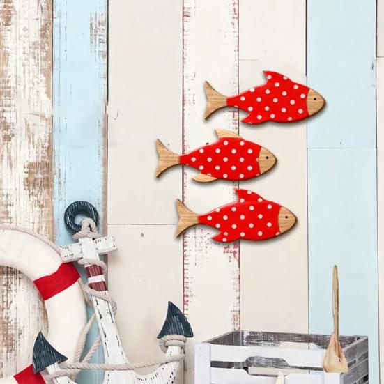 3 Pcs Wood Fish Nautical Wall Decor, Rustic Hanging Tropical Fish Sculpture, Vintage Beach Coastal Theme Fish Wall Art for Lake House, Bathroom,