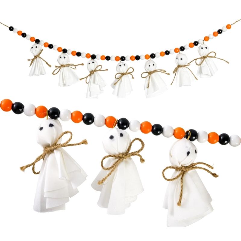Handmade Halloween Wooden Specter Decoration With Natural Rope Beads For Indoor Wall Decoration Party Supplies
