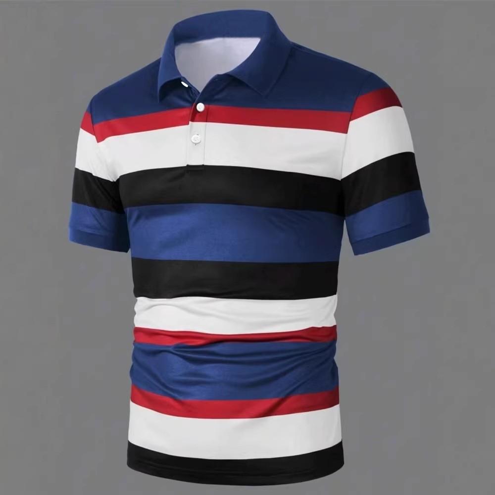 

Summer Men New Short Sleeve Stripe Polo Shirt Men Business Casual Lapel Golf Polo Shirt Tops 100% Polyester 3XL синій