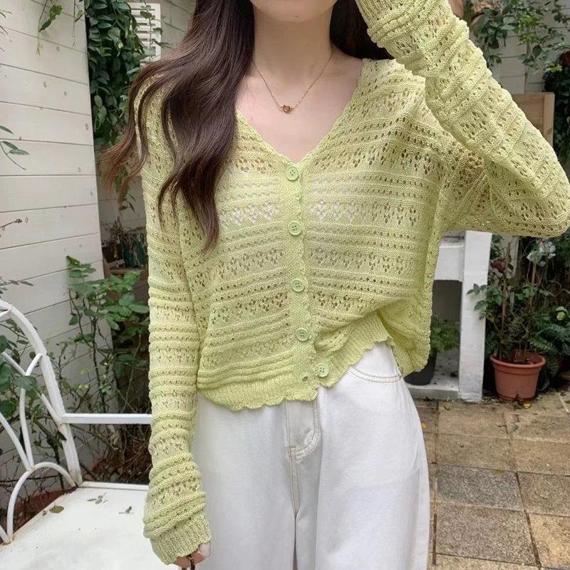 2025 Women's Plus Size Ice Silk V-Neck Knit Cardigan - Summer Sun Protection, Solid Color, Thin, Hollow-Out Short Shawl Jacket