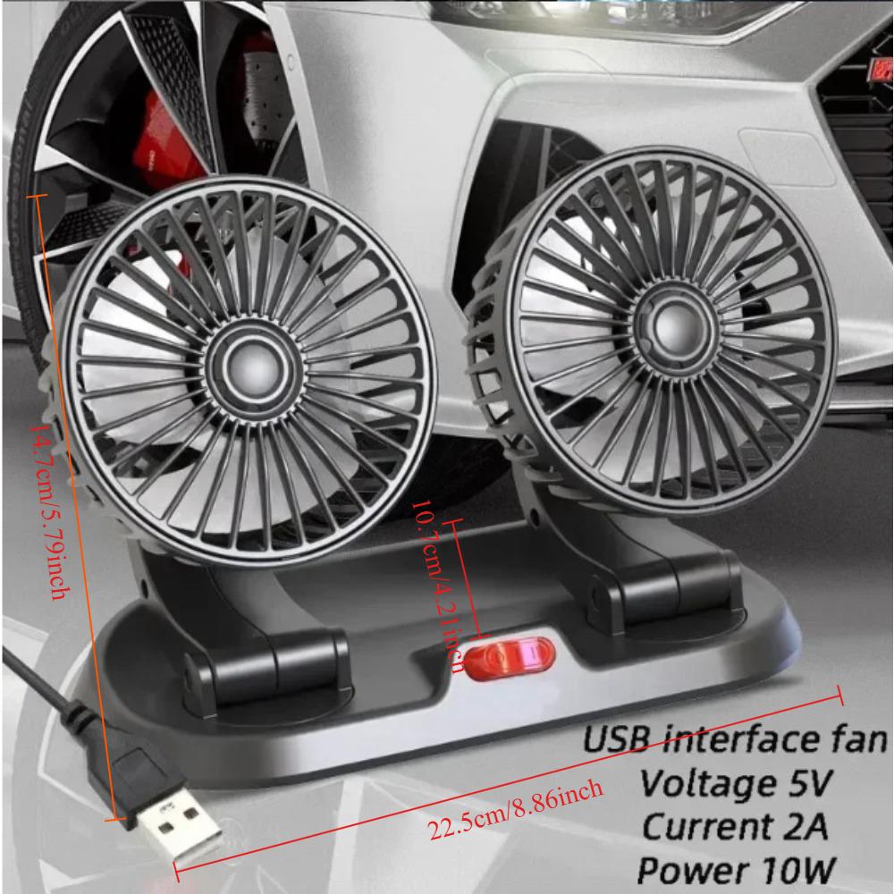 Adjustable 2-Speed Car Fan with Dual Heads for 5V, 12V, 24V Systems
