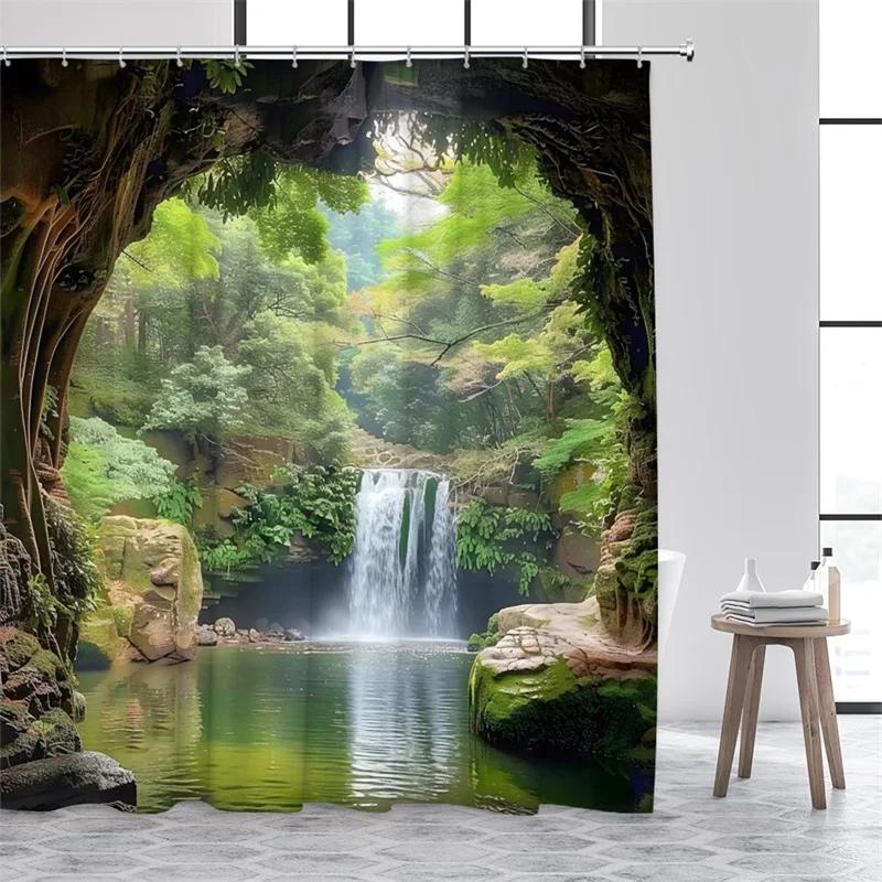 Tropical Jungle Landscape Shower Curtains Green Plants Palm Tree Waterfall Forest Nature Scenery Home Bathroom Curtain Decor Set
