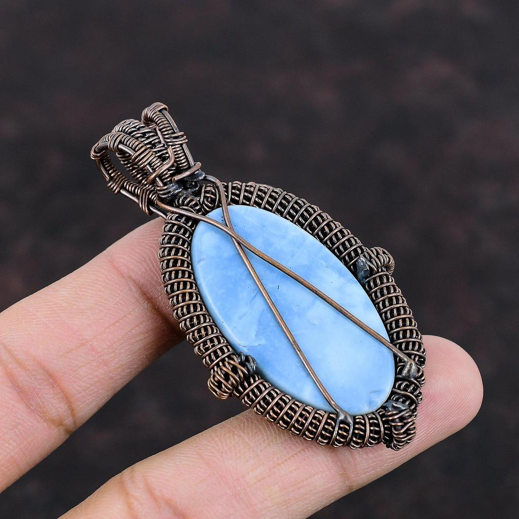 Owyhee Blauer Opal Anhänger Kupferdraht umwickelter Edelsteinanhänger Handgefertigter Schmuck Eleganter Anhänger Kupferdrahtschmuck Geschenk für Ihn Boho Anhänger
