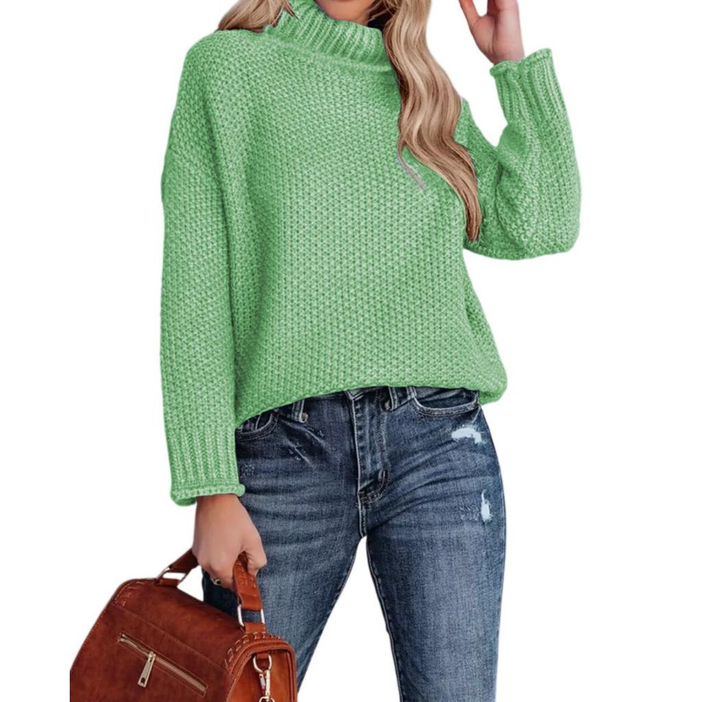 Fashionable Women's High-neck Knitted Sweater With Long Sleeves And Rolled Hem