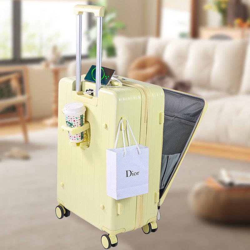 20-inch front-opening trolley case with PC material and password lock.