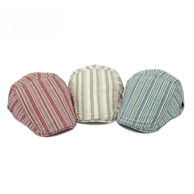 Vintage Striped Flat Cap for Men Women Japanese Simple Ivy Cabbie Hat Retro Cotton Linen Newsboy Gatsby Cap Adjustable Forward Hat