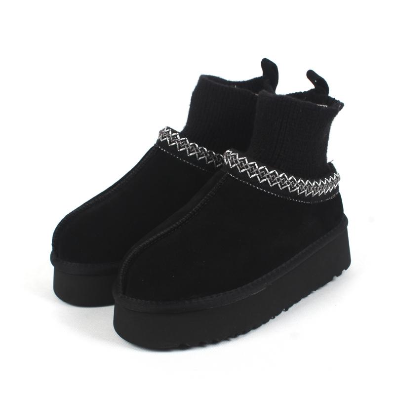 Bottes de neige compensées mode tricotées pour femmes Nouveau design Bottes courtes en cuir de vachette véritable Chaussures d'hiver chaudes décontractées pour femmes Semelle épaisse 41