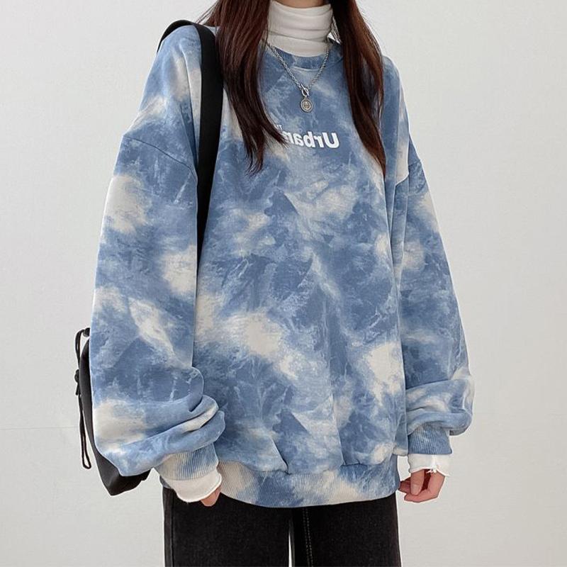 Tie-Dye-Sweatshirt für Damen, lockeres Oberteil, modisches Studenten-Alphabet, lässiger Pullover, mittellang