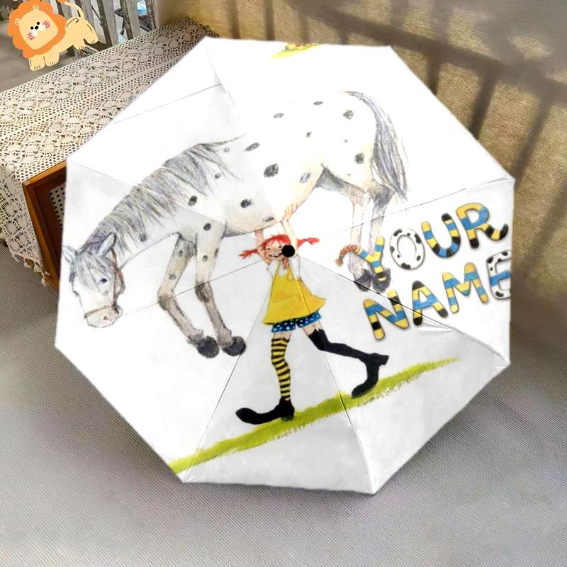 1 PC Automatic Folding Umbrella - Pippi Longstocking Custom Name Pattern, Portable & Foldable Design with 8 Ribs, Christmas Birthday Gifts