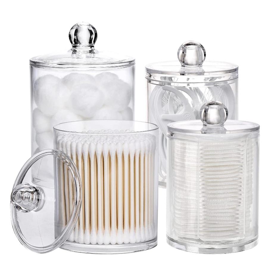 2/4 szt. Pojemnik/Dozownik na waciki, patyczki kosmetyczne, nić dentystyczną 10 oz, 12 oz Przezroczyste pudełko do przechowywania Słoiki apteczne z bambusowymi pokrywkami