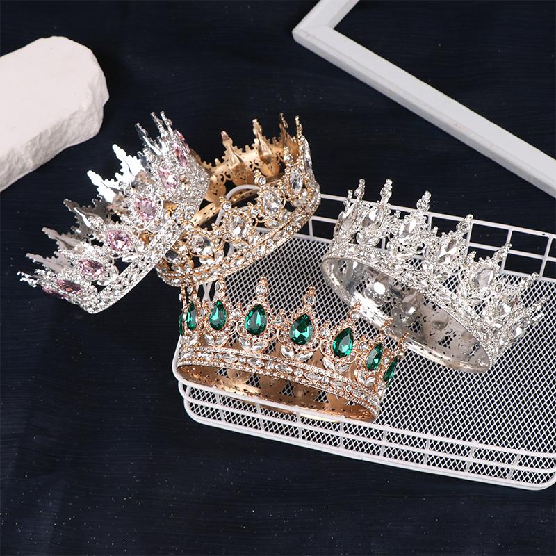 2024 New Baroque Round Wedding Crown Bridal Pageant Rhinestone Crystal Tiaras Crown Molding Headpieces For Queens And King