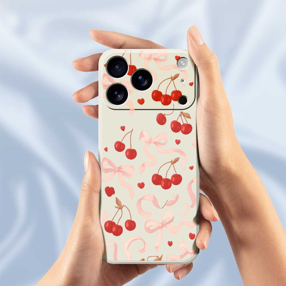 For iPhone 17 Pro Max Case Big Bow Cherry Pattern Printing Straight Edge TPU Phone Back Cover