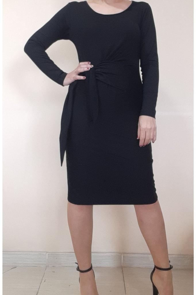 Women's Big Size Dress Side Draped Tie Black Below Knee Combed Viscose Pencil Dress