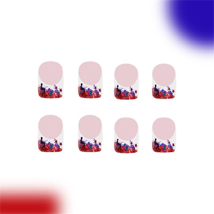 48 Pcs Glittering Full Cover False Nail Short Press On Nail French Tip Stick on Nail 4th of July Acrylic Nail
