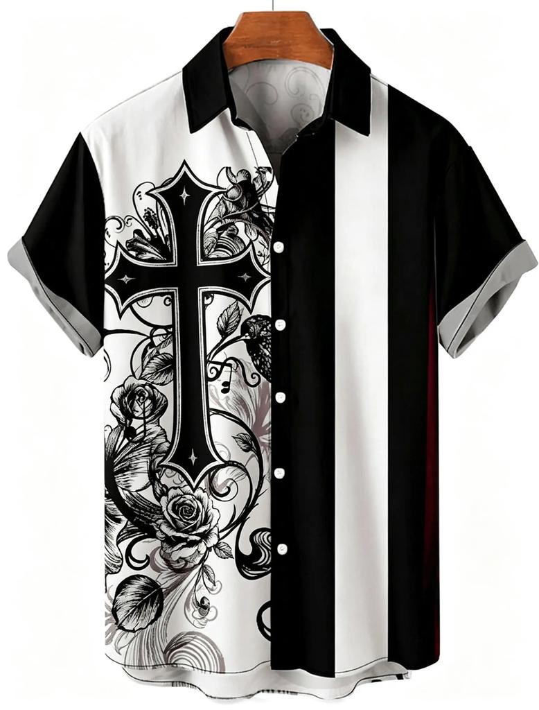 Gothic Cross Floral Print Short Sleeve Shirt, Trendy Casual Button-Up Top