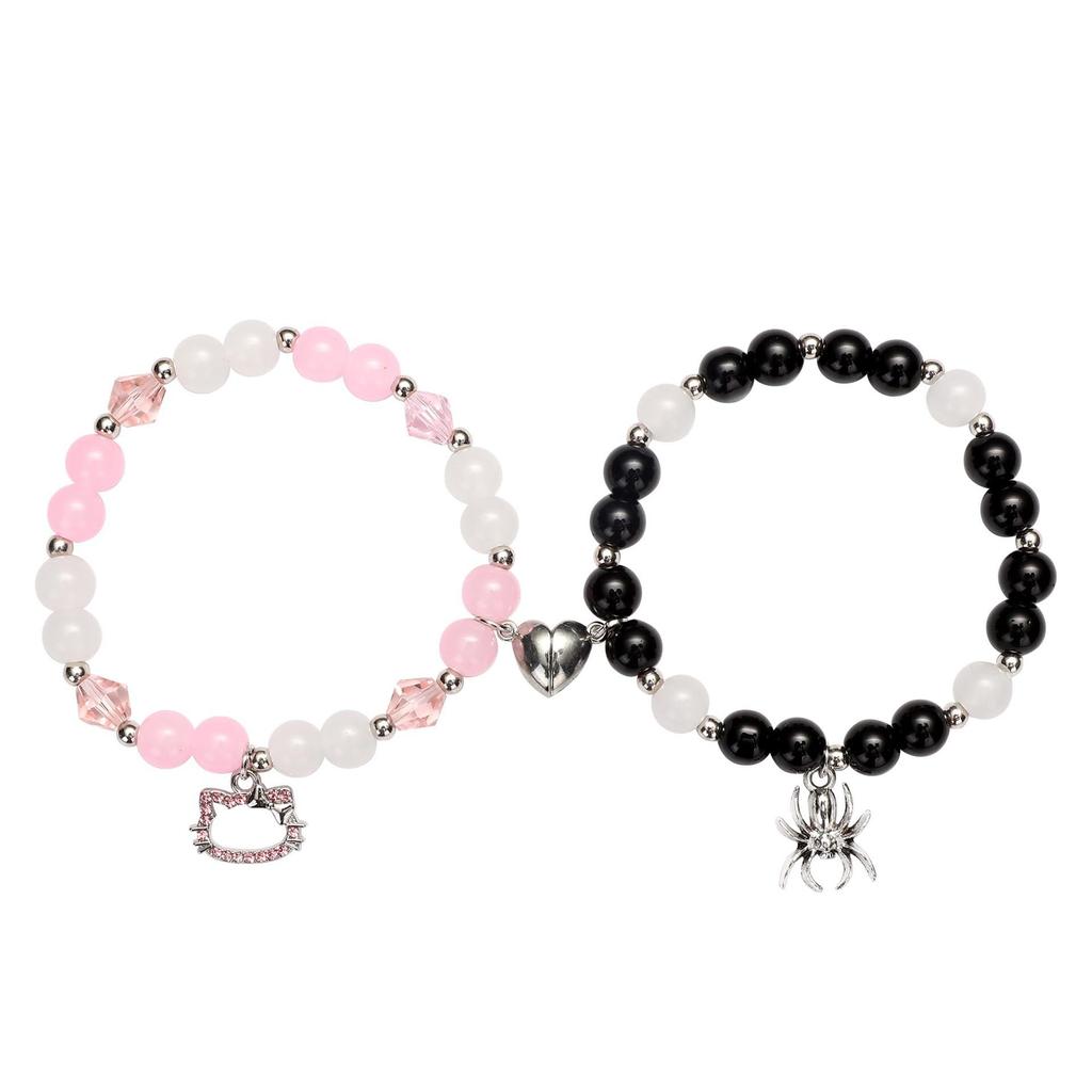 2Pcs/Set Gothic Spider Animal Beaded Bracelet Creative Heart Magnetic Matching Couple Bracelets for Women Men Halloween Gift