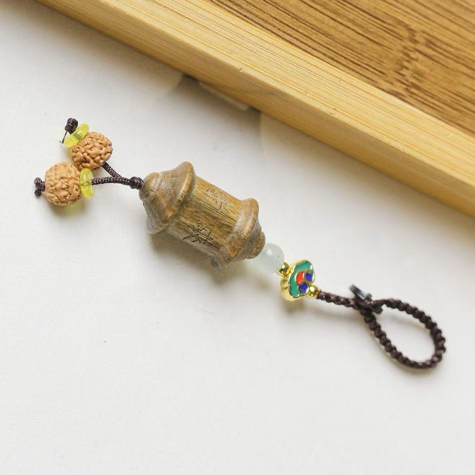 Green Sandalwood Keychain: Prayer Wheel Ethnic Pendant & Mobile Charm