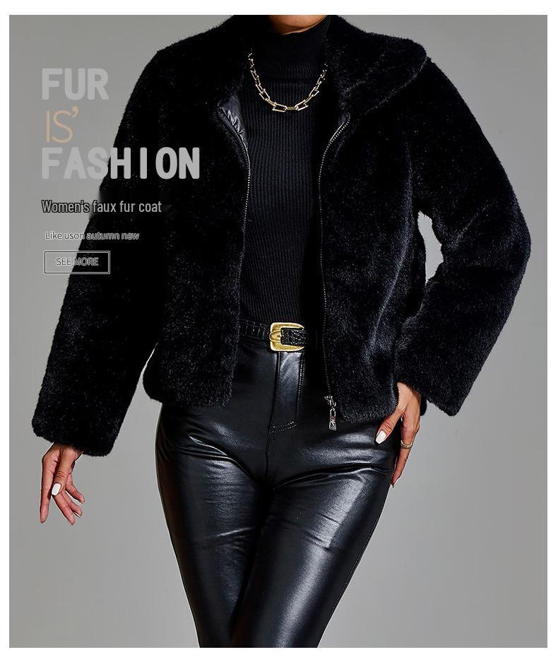 Abrigo Corto de Visón Negro de Terciopelo para Mujer Europea y Americana - Moderno, Cálido, Corte Slim