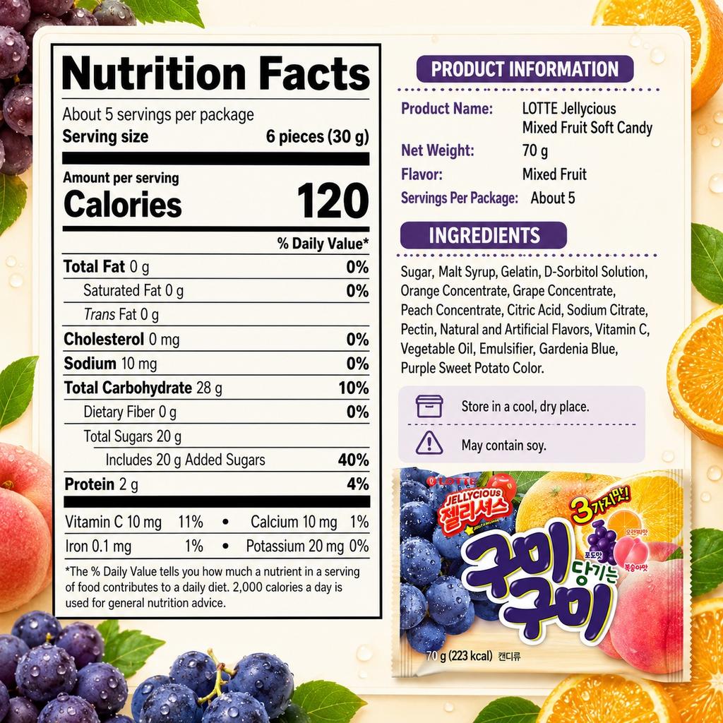 Lotte Mixed Fruit Flavored Soft Candies 70g | Rich Fruity Aroma, Soft & Chewy Bite, Portable Share Pack