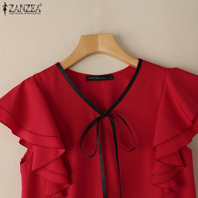 ZANZEA Womens Summer Casual Ruffles Short Sleeve Loose Blouse