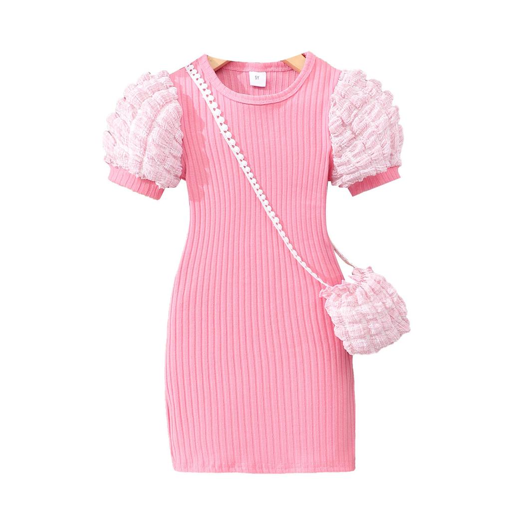 Kids' Lightweight Bubble Dress: Short Sleeve, Round Neck, Solid Color with Bubble Pockets