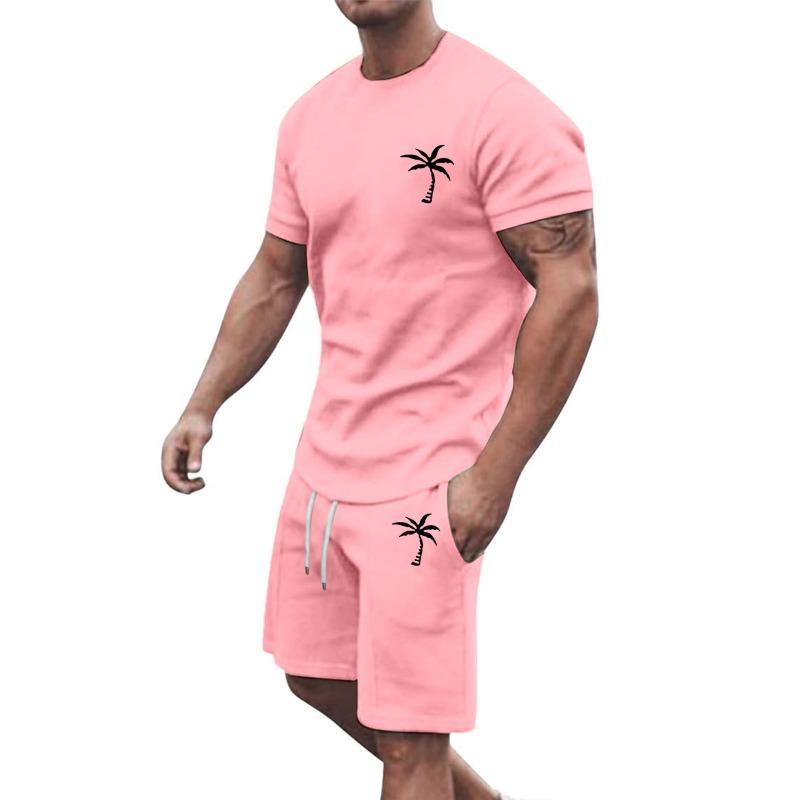 Mens Casual Palm Tree Print Short Sleeve T Shirt And Drawstring Shorts 2 Piece Set