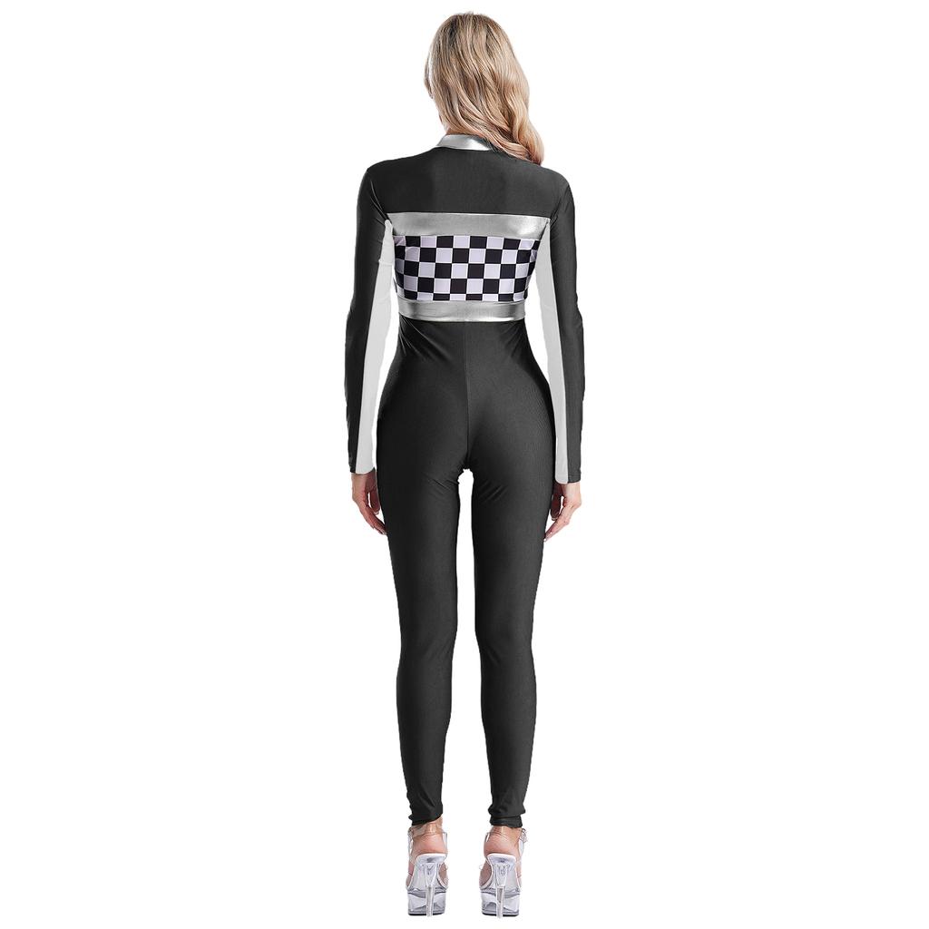 Womens Checkerboard Racing Jumpsuit Long Sleeve Plaid Romper Racer Driver Cosplay Costume
