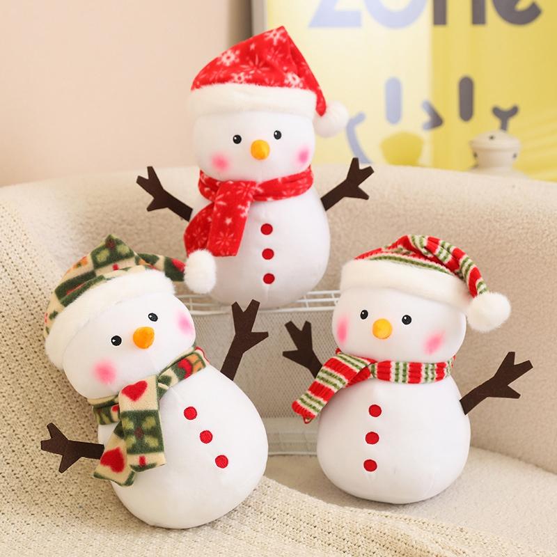 1Pc 25Cm Lovely Christmas Snowman Plush Toys Kawaii Snowman Wears Santa'S Hat Scarf Loose Coat Doll For Xmas Party Decor Gift