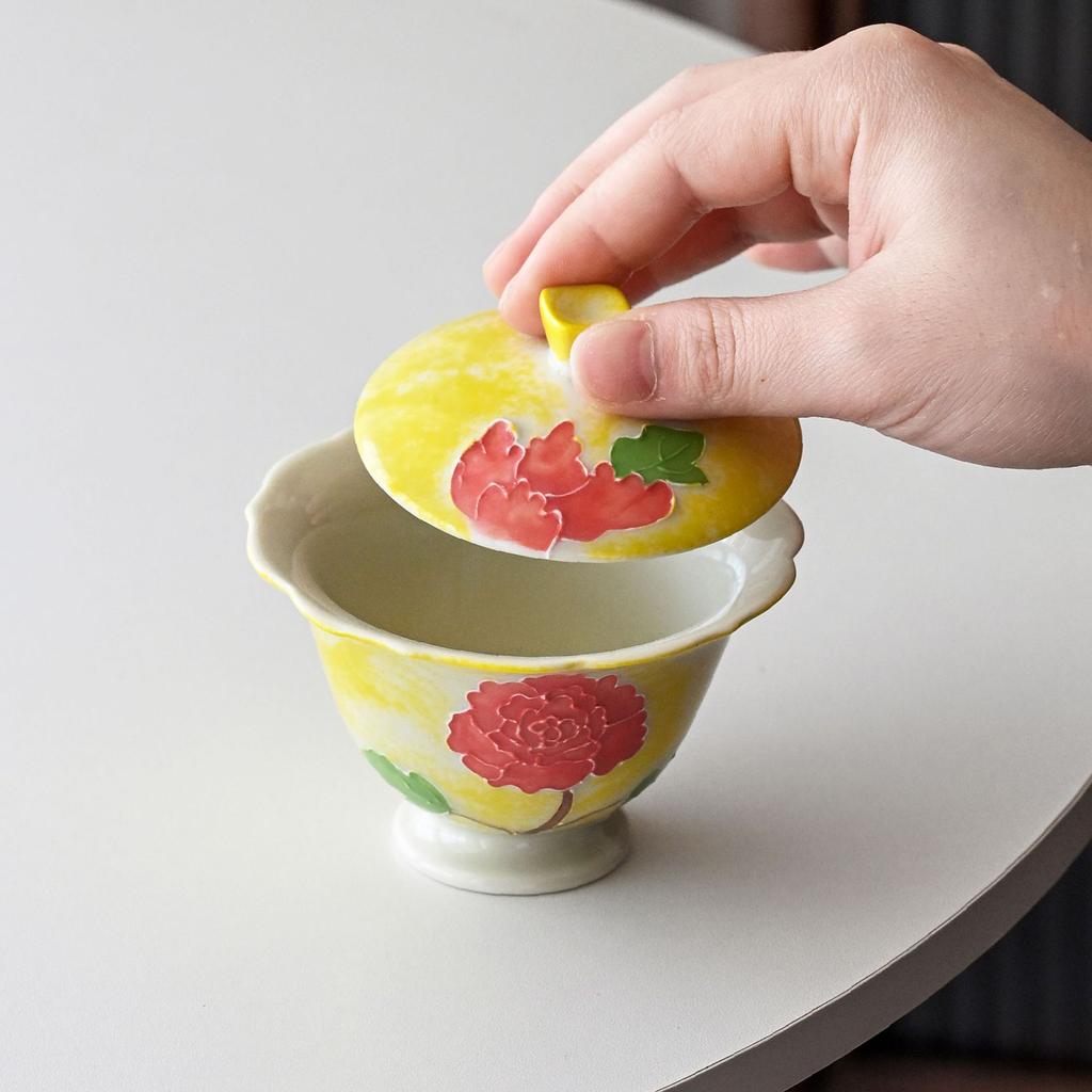 Guochao Hand-Painted Rose Cover Bowl Two Cup Set Portable Cloth Bag Outdoor Tea Drinking High Value Light Luxury Travel Tea Set