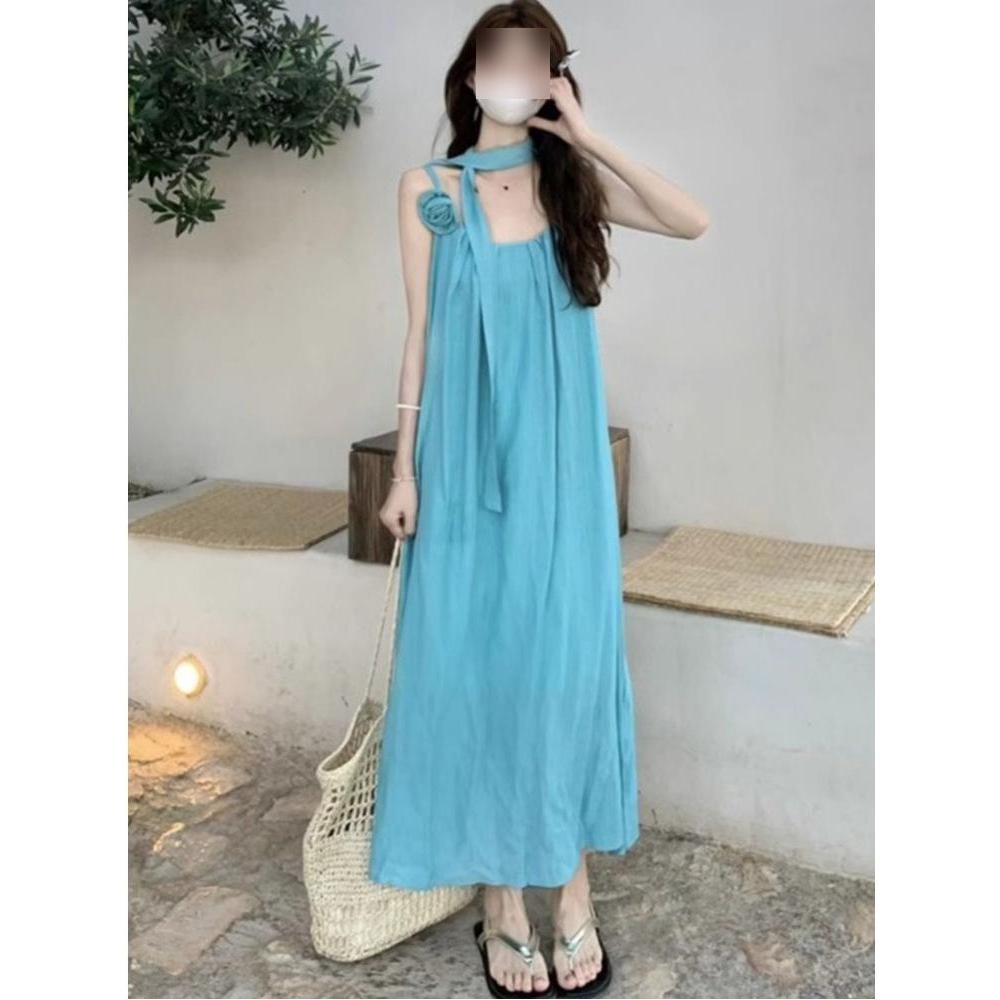 Lake Blue Halterneck Camisole Dress Women's Summer Dopamine Bright Xinjiang Outfit Resort Beach Dress