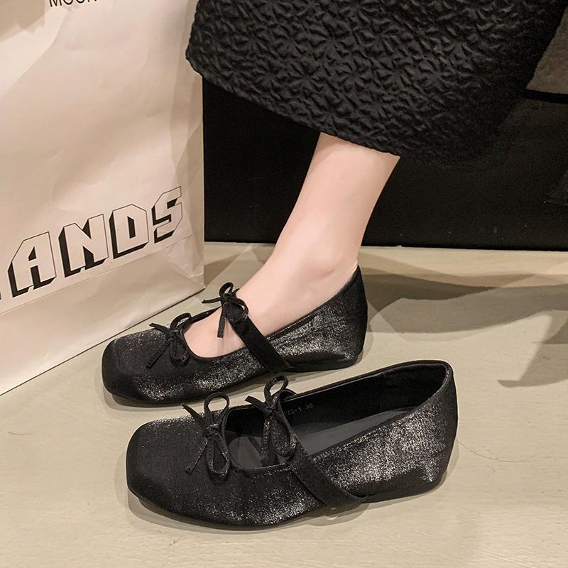 Women's Ballet Shoes Square Toe Flat Butterfly-knot Increased Internal One Kick Single Shoes Fashion All-match Mary Jane Shoes