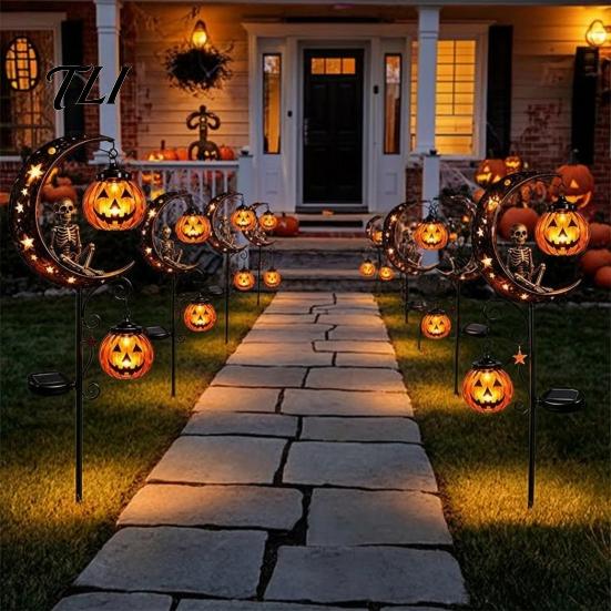 Glowing Pumpkin Landscape Lights Solar Halloween White Ghost Moon Garden Stake Light, Waterproof LED Automatic Powered Lamps Yard Decoration,