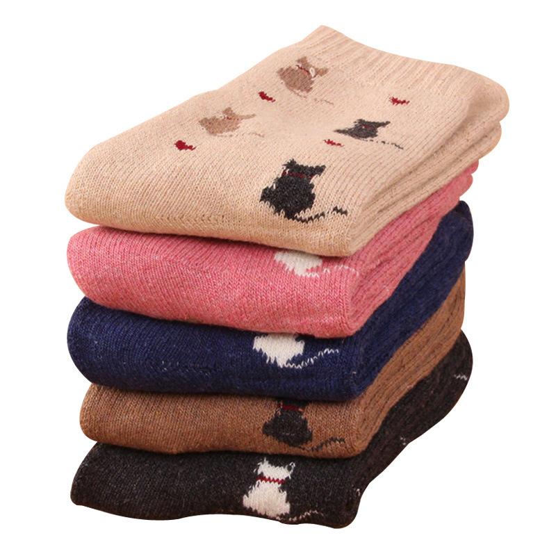 5/10 Pairs Women Double Layer Octagonal Flower Rabbit Wool Socks Autumn Winter Retro Coarse Knit Socks
