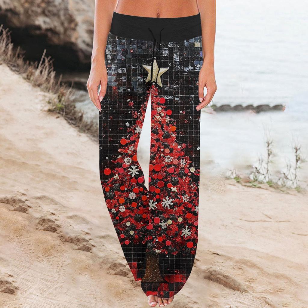 Women's Comfortable Pajama Pants  Pants Christmas Print Drawstring Wide Leg Pants