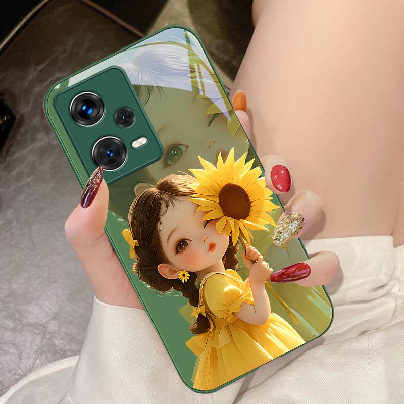 Sunflower Girl Pink For Xiaomi 14 Ultra 13 Lite Redmi Note 13 11 Pro 12 Plus Poco X6 3 Pro F4 6 GT Tempered Glass Phone Case