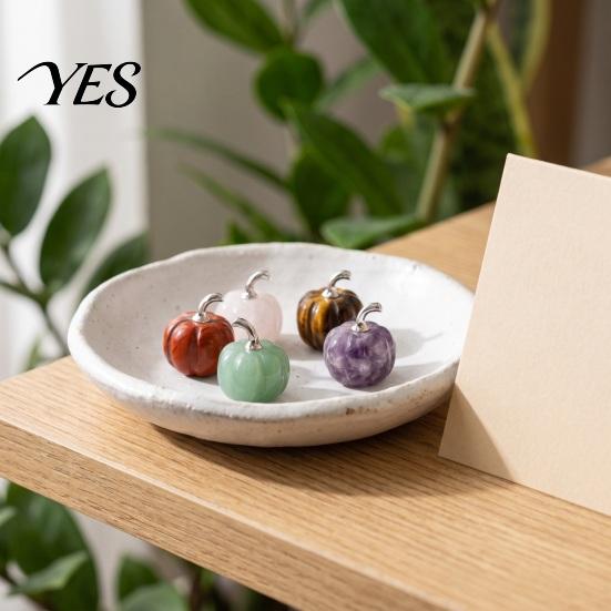 Artistic Desktop Decoration Set 7Pcs Hand Carved Natural Stone Apple Pumpkin Figurine Set, Mini Gemstone Ornaments Soft Color Crafts with Gift