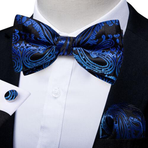 Conjunto de abotoaduras masculinas de seda azul ajustável com gravata borboleta Paisley floral Hanky