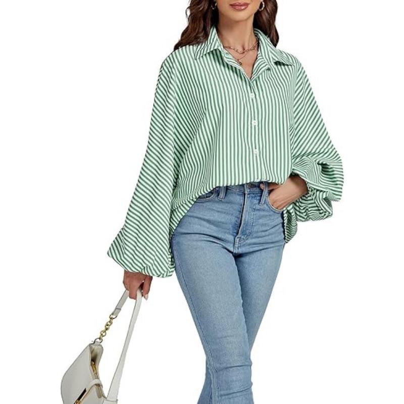 Women's Elegant Loose Casual Single Breasted Striped Shirt Lantern Sleeve Long Sleeve Lapel Shirt