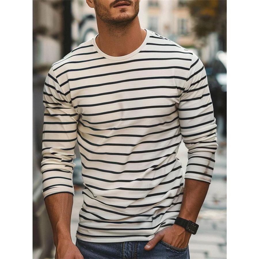 T-shirt a Maniche Lunghe Grafiche a Strisce Retro da Uomo Moda Semplice Primavera Autunno T-shirt Stampate 3D Magliette Casual Oversize