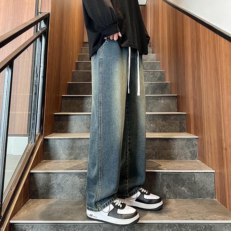 Men's American Retro Washed Straight Wide-Leg Jeans