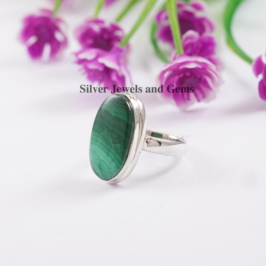 Oval Malachite Ring: Handmade 925 Sterling Silver, Taurus Birthstone