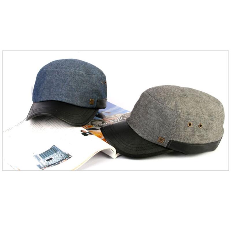 Oversized denim leather brim military cap black