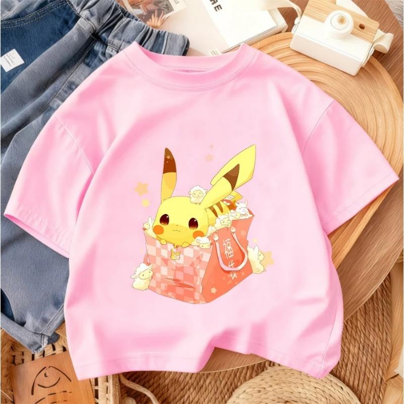 Boys' and Girls' Summer Casual Street Style Fashion Popular Cartoon Children's Crew Neck T-shirt Pikachu
