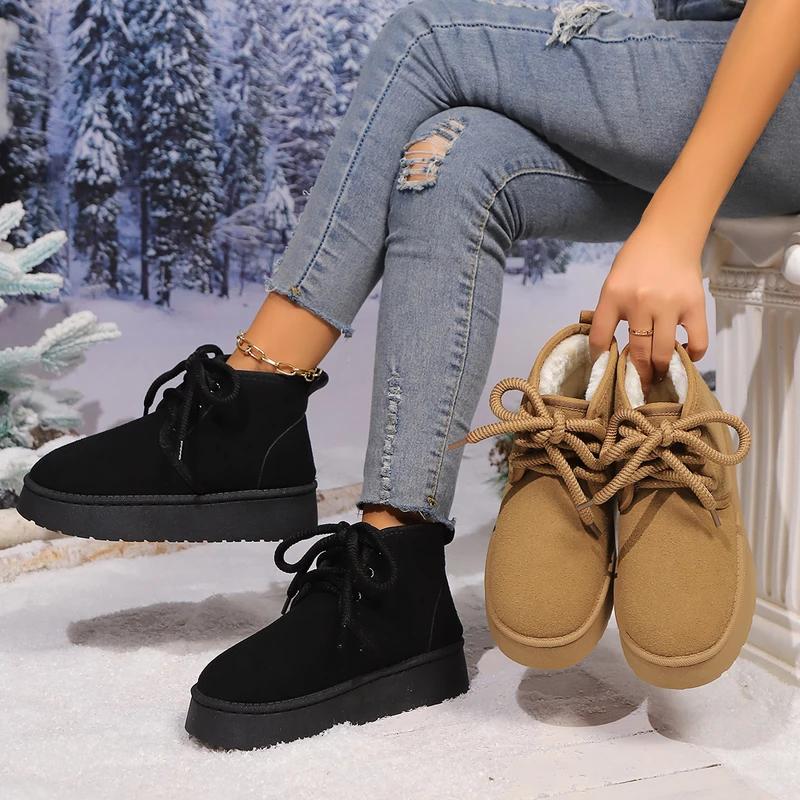 Women Ankle Boots Winter Short Plush Warm Lace Up Snow Boots Women Fashion Casual Flat Platform Shoes for Women Botas De Mujer