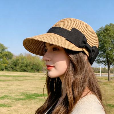 Straw Hat Wide Black Ribbon Bow Dome Flat Brim Baseball Hat Lightweight Breathable Sun Protection Hat