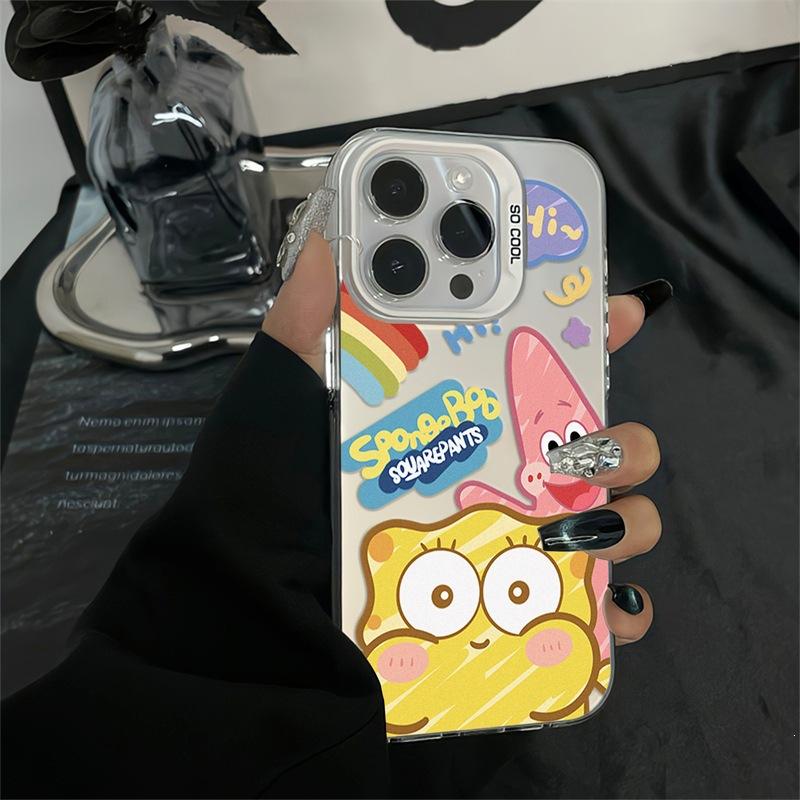 Apple 15pro painted SpongeBob SquarePants 14/13 premium sense 12 colored silver mobile phone case anti-drop hard matte L